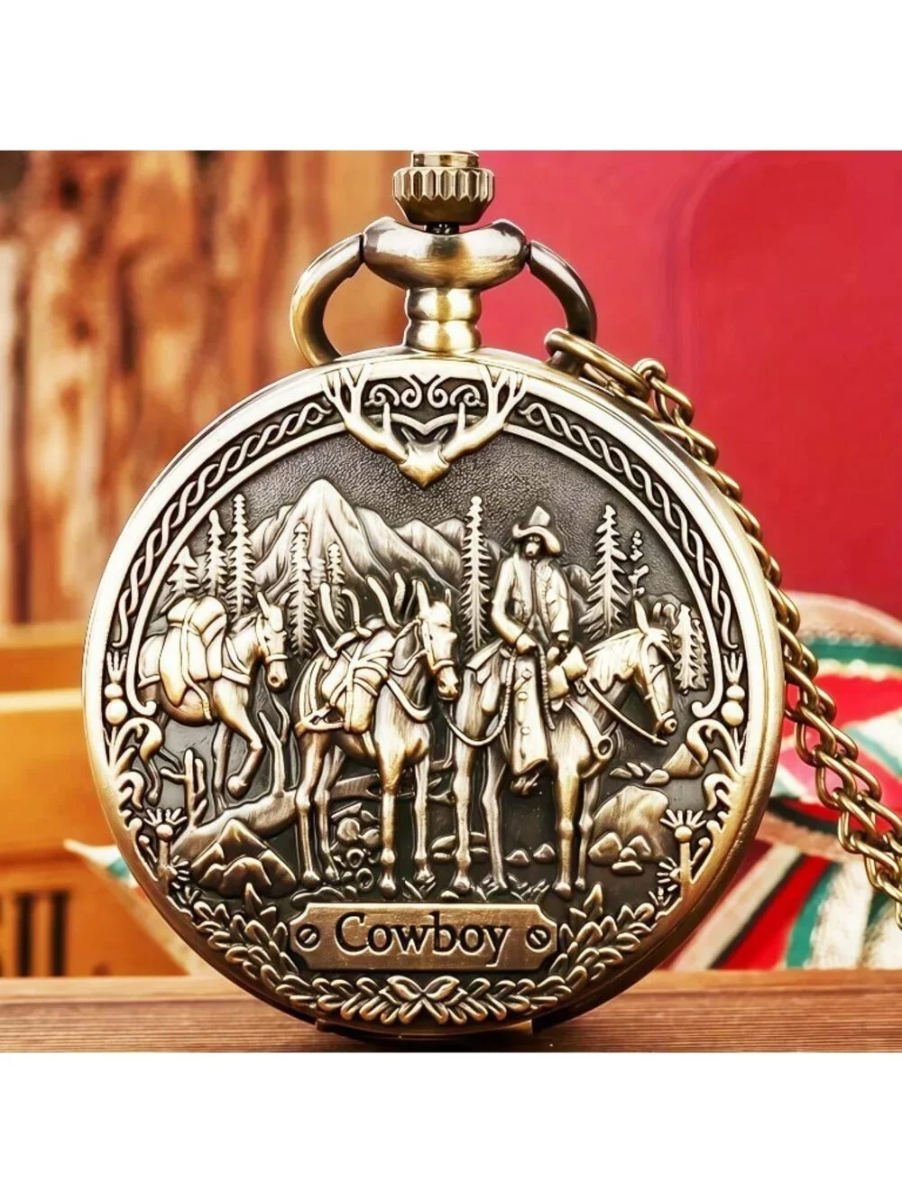Men's Brown Quartz Engraved Cowboys Bronze Arabic Numerals Chain Pocket Watch